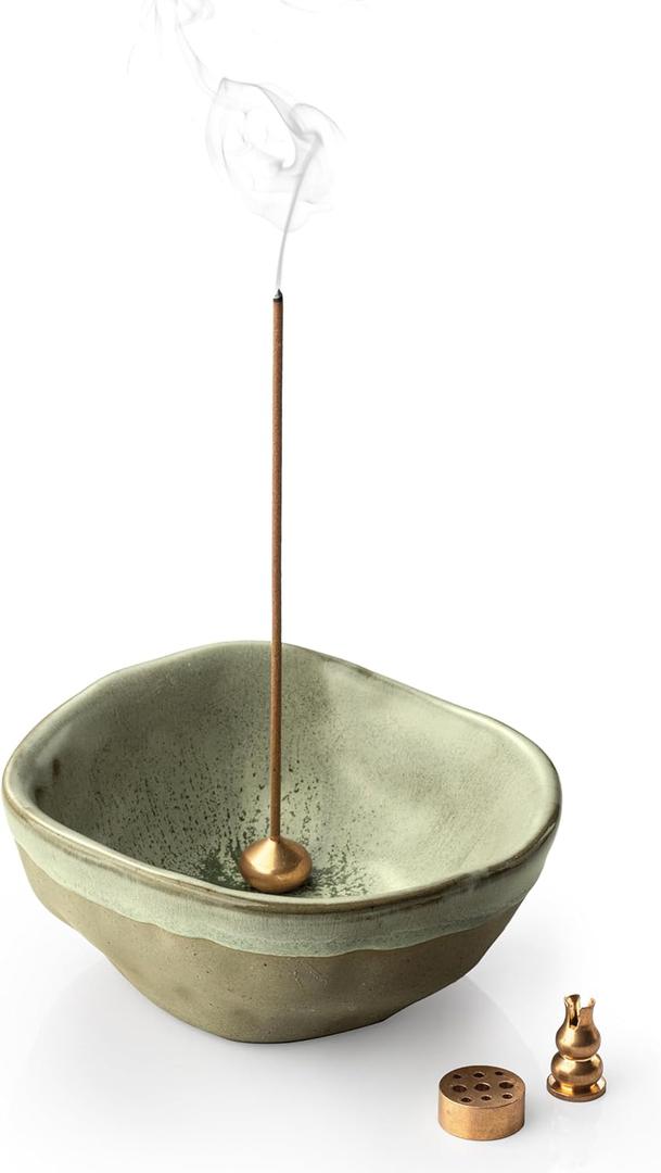 Incense Holder with 3 Incense Sockets, 4 In 1 Incense Burner Holder 4.25 Inch Incense Holder for Sticks, Ceramic Incense Stick Holder for Palo Santo, Cone Incense, Meditation, Yoga, Sage Green