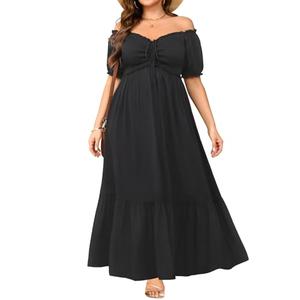 Plus Size Sun Dresses Women - Summer Off The Shoulder Puff Sleeve A Line Boho Maxi Flow Long Dress 2025, M, Black