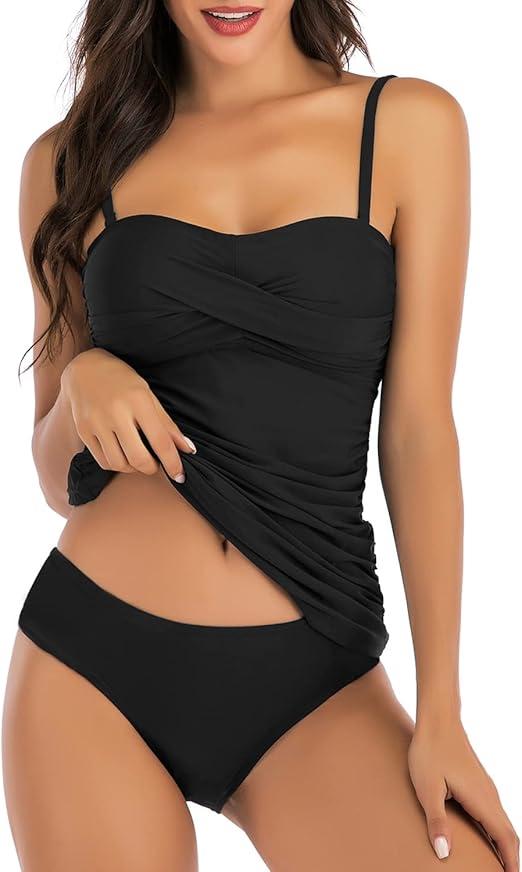 Two Piece Swimsuit for Women, Ruched Tummy Control Tankini Sets with Twist Front, Modest Bathing Suits for Beach, Black Medium