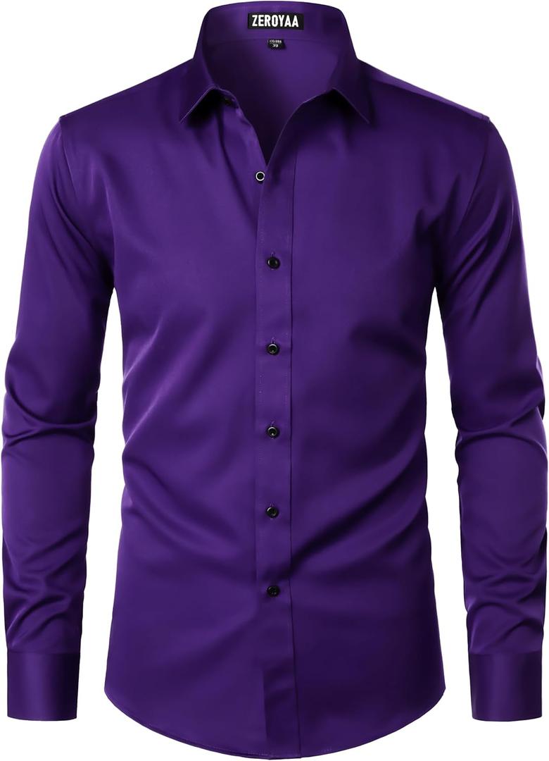 ZEROYAA Men's Long Sleeve Dress Shirt Modern Slim Fit Wrinkle-Free Casual Business Button Up Shirts (Purple)