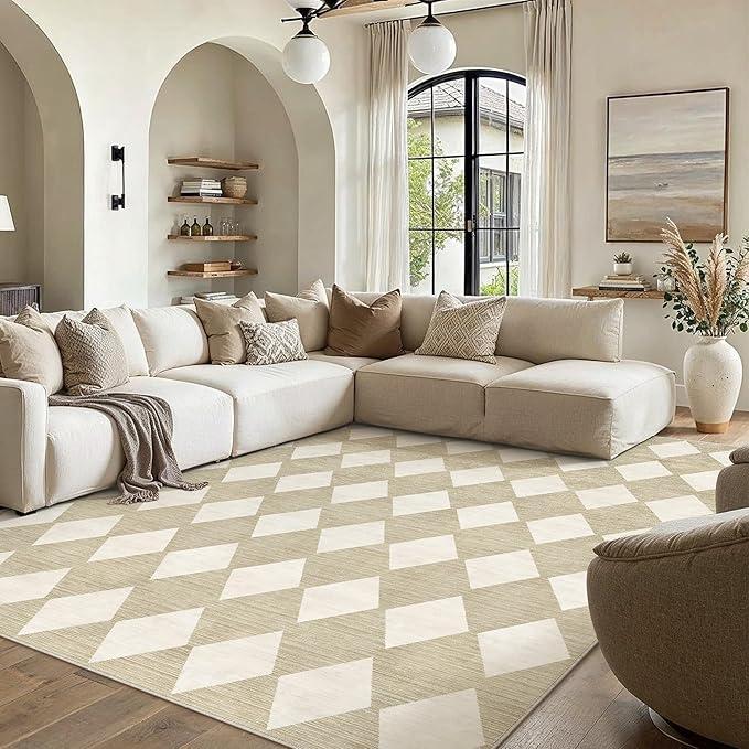 PureCozy Machine Washable Beige 8x10 Area Rugs for Living Room Modern Soft Large Checkered Rug Non-Slip Low Pile Accent Indoor Office Carpet for Bedroom Dining Room Nursery Classroom