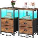 Rustic Brown Industrial Nightstand Set of 2, Bedside Table with 2 Fabric Drawers, 3-Tier Storage, LED Light, Charging Station, 11.38''D * 15.38''W* 24.75''H