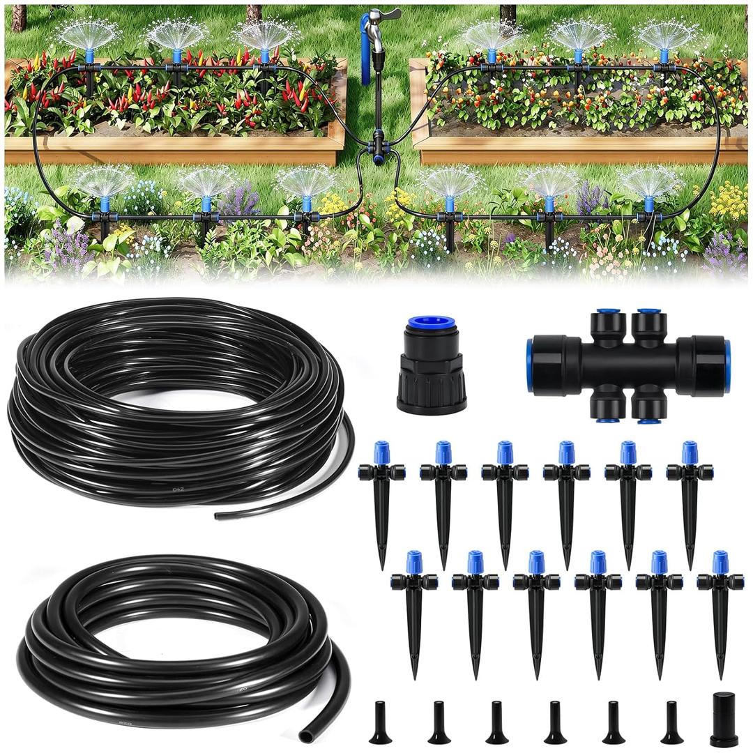 HIRALIY 50FT Quick Connect Garden Watering System with Adjustable Vortex Drippers, Saving Water Automatic Drip Irrigation Kit for Raised Bed and Plants Vegetable Garden