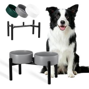 Dog Bowls Elevated - Ceramic Raised Dog Bowl with Non Slip Steel Stainless Stand - No Spill and Heated Feeding Station - Food and Water Dish Set for Medium to Large Pet - Each Holds 7.5 Cups Grey