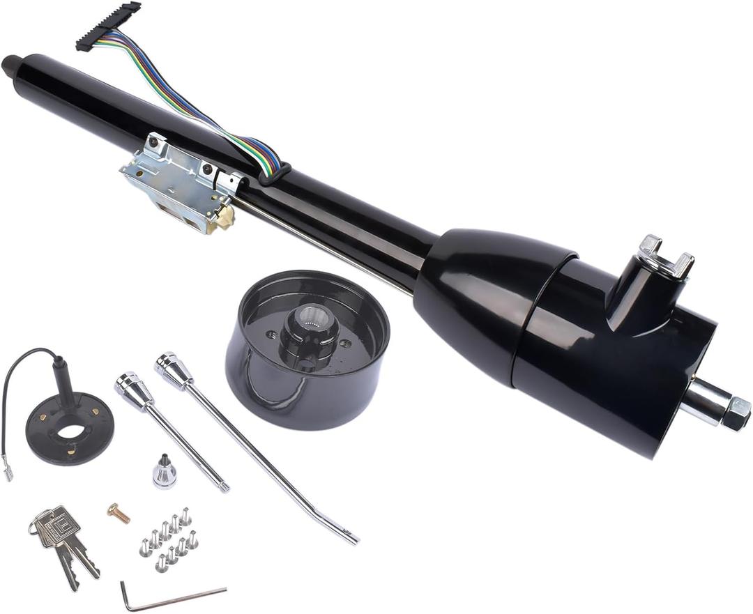 Replacement for GM 28 Inch Tilt Manual Steering Column Floor Shift Hot Rod, with Key & 9 Holes Adapter, Stainless Steel Black Coating