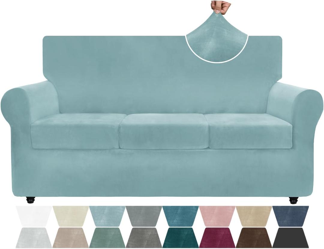 ZNSAYOTX Luxury Velvet Couch Cover 4 Piece (72"-92") Stretch Sofa Covers for 3 Cushion Couch Thick Soft Sofa Slipcover with Non Slip Strap, Dog Pet Friendly Nice Furniture Protector (Stone Blue)