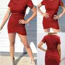 BTFBM Women's 2025 Summer Casual Beach Dresses Crew Neck Short Sleeve Wrap Party Club Mini Ruched Bodycon T Shirt Dress (Red, S)