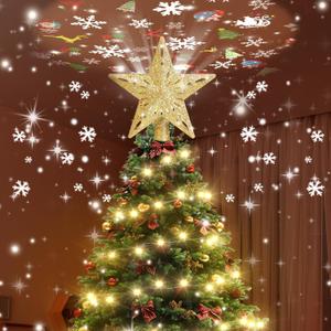 Christmas Tree Topper Lighted with 10M Warm String Lights, Keten Gold Star Tree Toppers Decoration with 3D Rotating Pattern Projector, Tree Top for Indoor Outdoor Xmas Party Holiday(Gold)