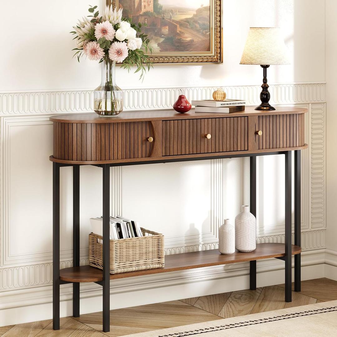 47.2" Entryway Table with Drawer and Storage, Narrow Console Table with Sliding Tambour Doors, Fluted Console Table Behind Couch for Hallway, Foyer, Living Room, Walnut, 220lbs Capacity, 47.2"Lx11.8"Wx31.5"H
