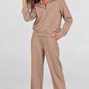 PRETTYGARDEN Women's 2 Piece Outfits Casual Lapel Half Zip Sweatshirts And Wide Leg Pants Tracksuit Sets (XL)