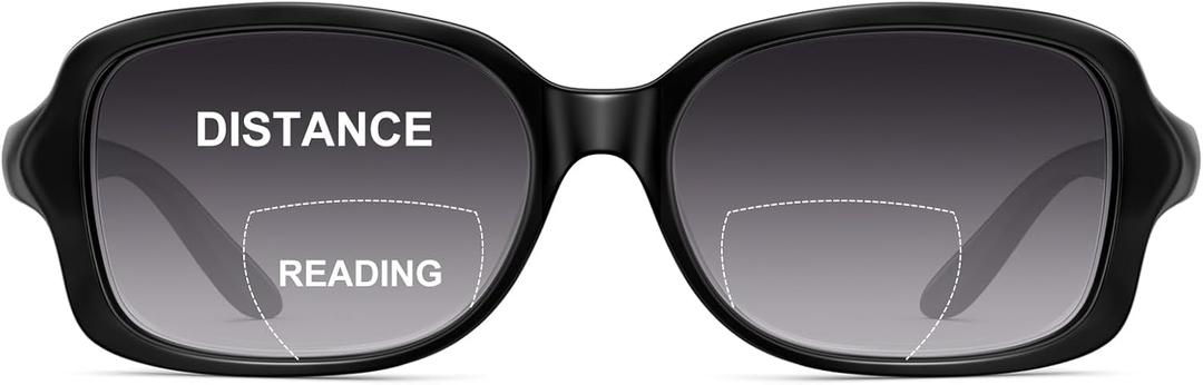 JM Classic Bifocal Reading Glasses Rectangular Stylish Sunglasses Readers for Women All Black +2.25