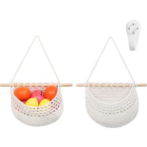 Hanging Baskets for Organizing, 18x11 Inch Wall Hanging Fruit Basket Over the Door Organizer for Fruit Vegetable Plant, Beige Boho Cotton Crocheted Fruit Holder for Kitchen Bathroom Bedroom