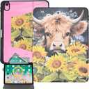 Rotating Case for iPad (A16) 11th/10th Generation 10.9'' inch 2025/2022, [Built-in Pencil Holder] PU Leather Folio Stand TPU Cover with Auto Wake/Sleep, Highland Cow with Flower