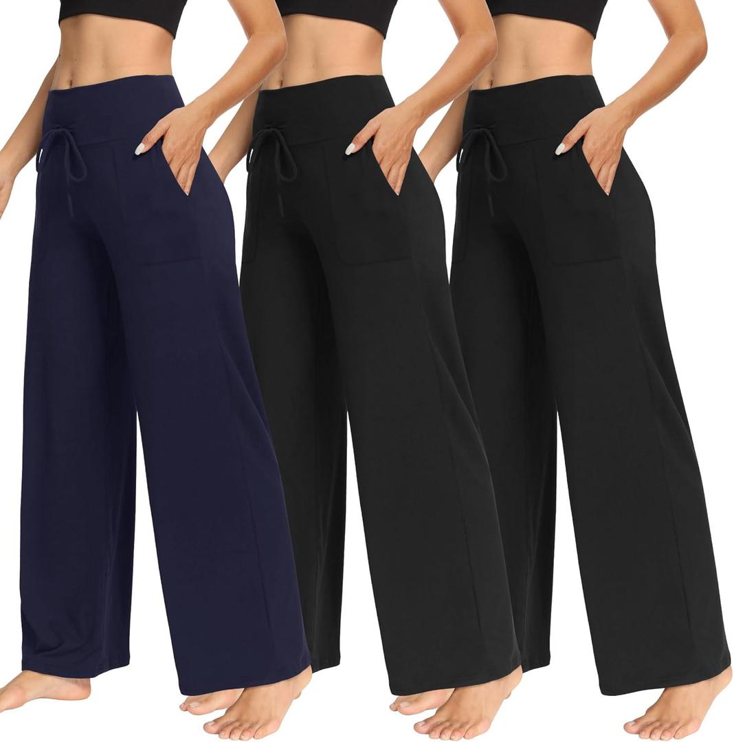 TNNZEET 3 Pack Women's Wide Leg Pants with Pockets - Casual Loose Yoga Trouser Pants Sweatpants Palazzo Lounge Pajama Pants (Medium, Black, Black, Navy Blue)