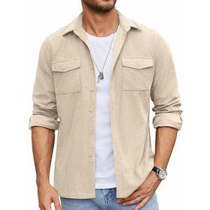 COOFANDY Men's Button Down Waffle Shirt Jacket Casual Long Sleeve Shacket Lightweight Overshirts with Flap Pockets, Large