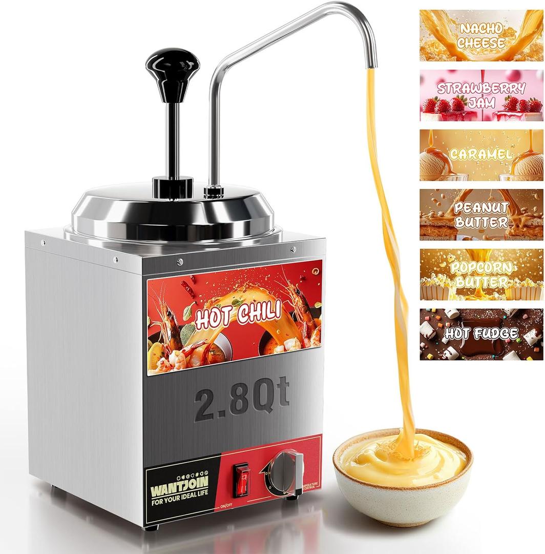 WantJoin Nacho Cheese Dispenser with Pump - 2.8Qt Nacho Cheese Warmer Commercial Hot Fudge Dispenser W/5-Level Temperature Adjustment for Stainless Steel Hot Fudge Warmer, Cheese Caramel