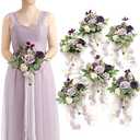 Ling's moment Artificial Bridesmaid Bouquets Set of 6,Purple Wedding Flower Bouquets Lilac Rose Floral Bouquet Bridal Bouquets with Ribbon Ceremony Anniversary,7-inch Diameter