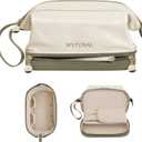 Travel Makeup Bag, Large Capacity Double Layer Cosmetic Bags for Women, Waterproof Portable Make Up Skincare Pouch with Makeup Brush Organizer, Toiletry Bag for Essentials, Beige & Olive Green (Medium)