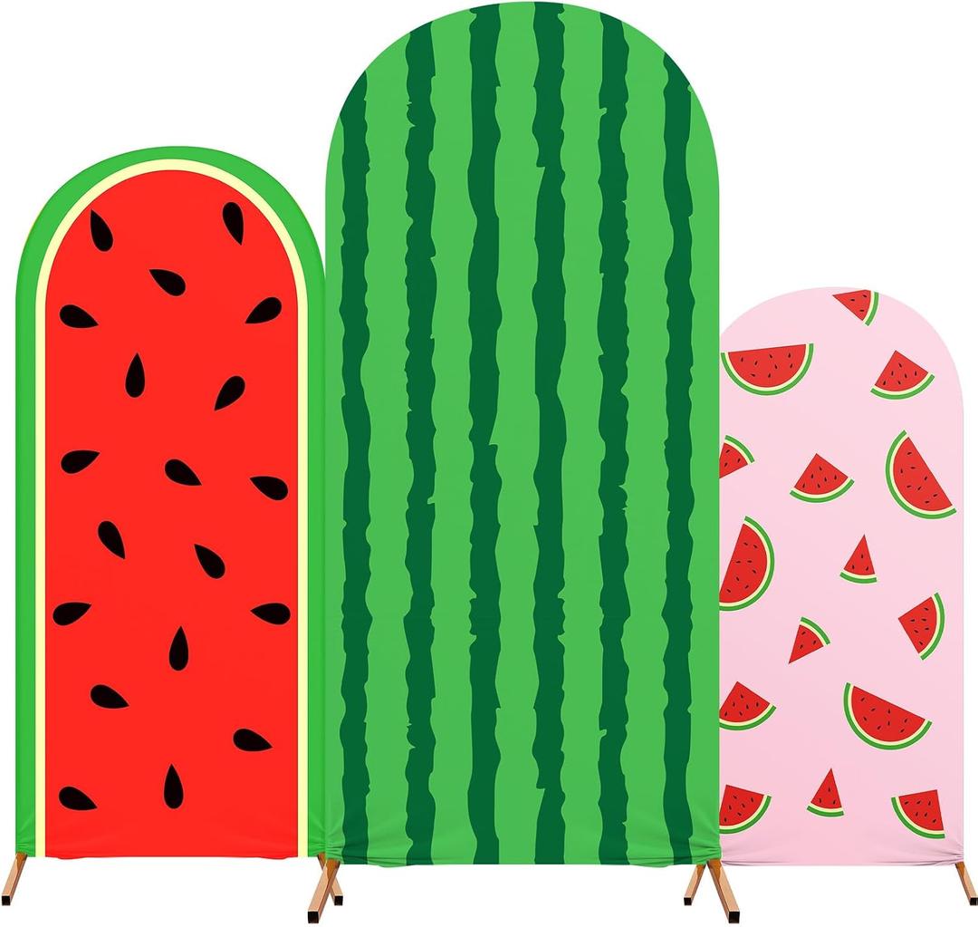 Tingjoo Set of 3 Watermelon Arch Backdrop Cover, 4ft, 5ft, 6ft Summer Watermelon Theme Birthday Party Decoration, Spandex Fitted Arch Stand Covers for Wedding Banquets Party