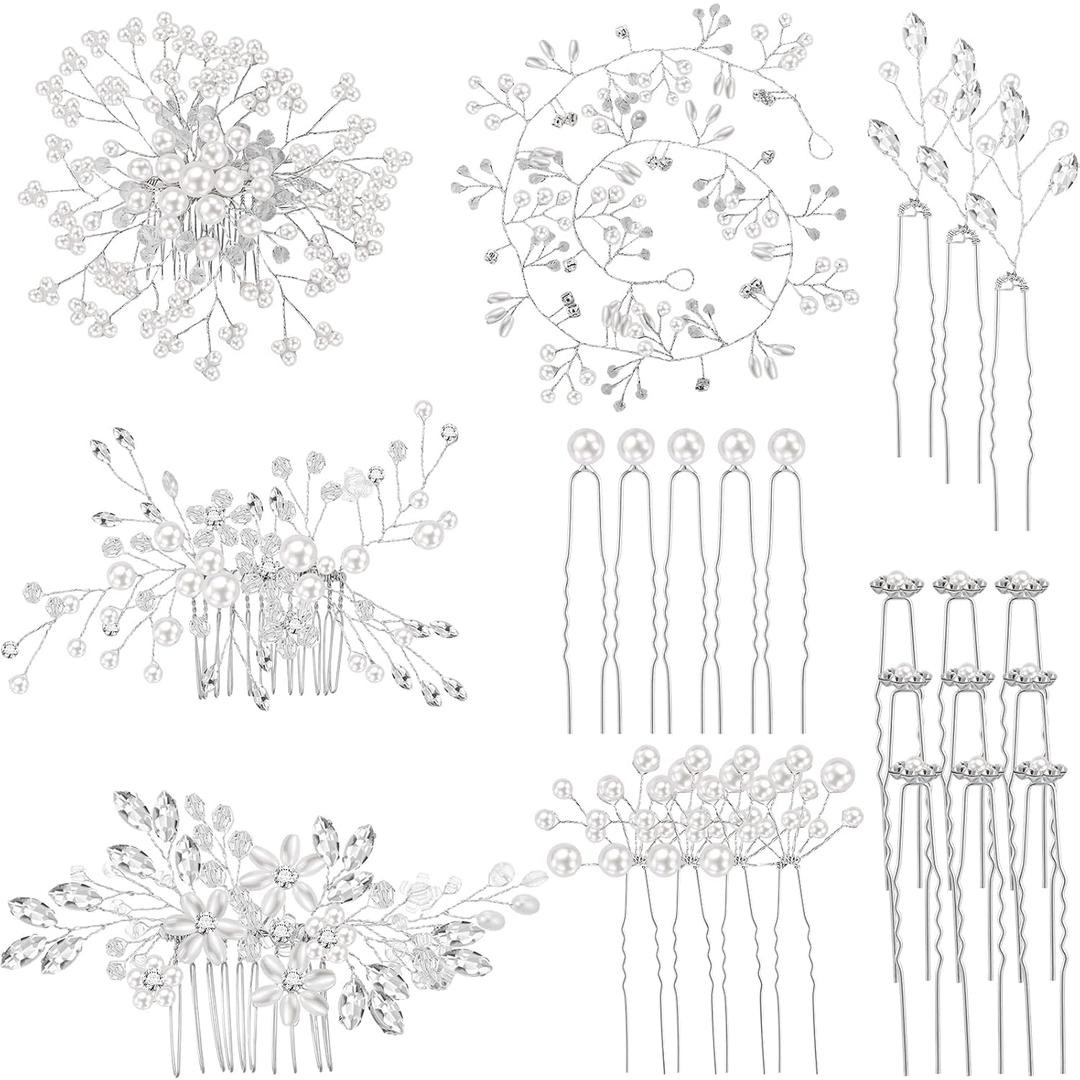 Maitys 44 Pieces Wedding Hair Accessories Faux Pearl Crystal Comb Clips U-shaped Flower Rhinestone Silver Pearl Hair Pieces for Prom Bride Bridesmaid(Delicate Style)