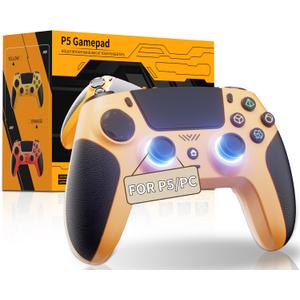 CAWOOSOO Yellow Wireless Controller Compatible for PS5/Pro/Slim/PC, Gradient Color RGB mode & haptic feedback & 1000 mAH battery & 3.5mm Audio Jack & Speaker