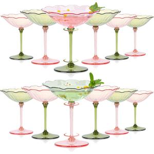 12 Pcs Plastic Martini Glasses 7oz Flower Disposable Cocktail Coupe Glasses Pink and Green Martini Cup Vintage Detachable Dessert Parfait Glassware for Wedding Birthday Bachelorette Party