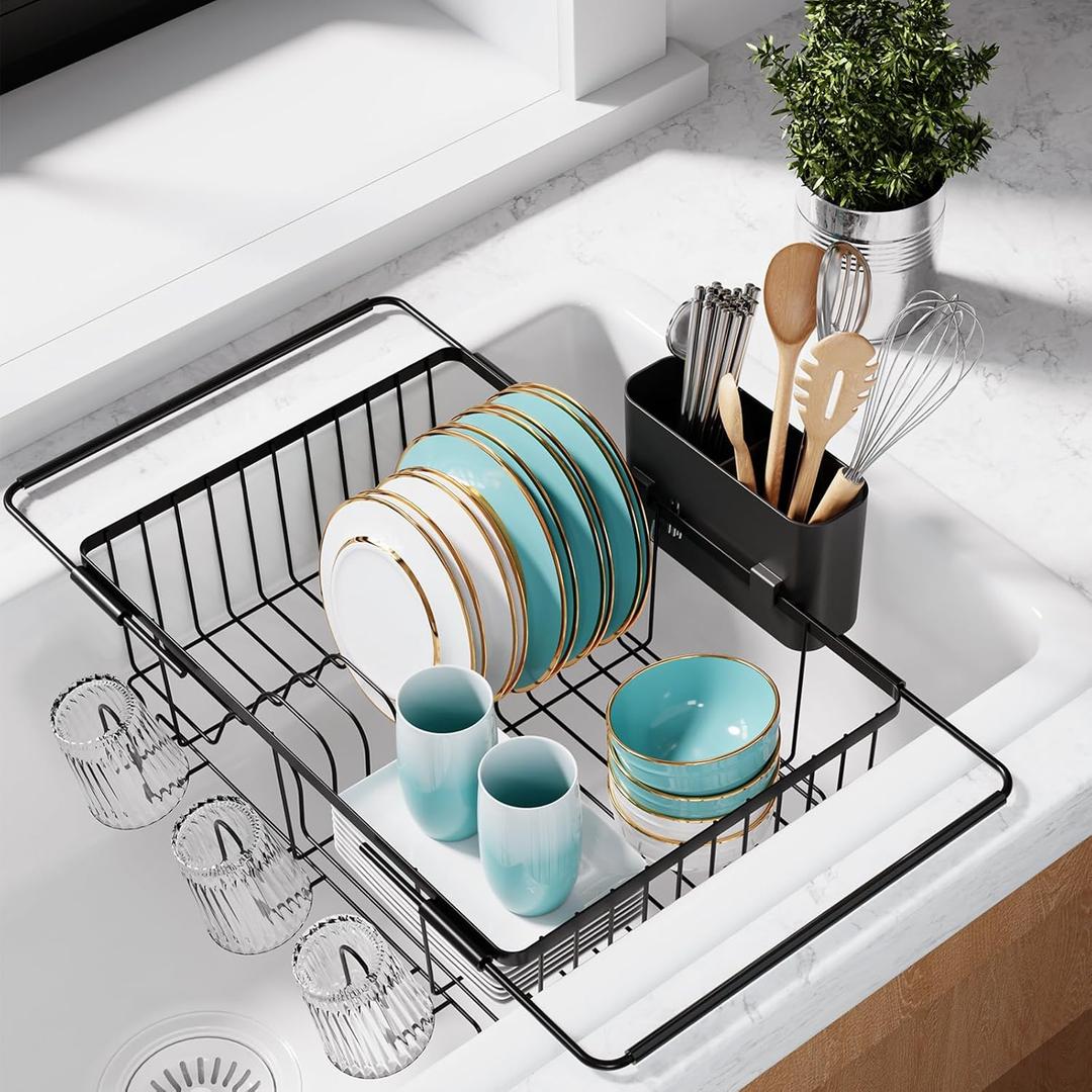 Sakugi Dish Drying Rack in Sink - Expandable Stainless Steel Dish Rack Over The Sink, Kitchen Sink Drain Strainer with Cutlery Holder & Cup Holders, 15.4 x 11.3 x 6.6 Inch, Black