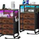 runjuly Night Stand Set 2, Nightstand with LED Lights and Fabric Drawers, Matching End Tables with Charging Station USB C Port, Bedside Tables with Hooks for Bedroom, Rustic Brown