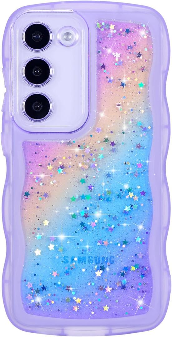 ZTOFERA for Samsung Galaxy S23 Plus 5G Case 6.6",Cute Curly Wave Case with Glitter Rainbow Star,Clear Shiny Bling Soft TPU Shockproof Phone Protective Cover for Galaxy S23 Plus-Rainbow Purple