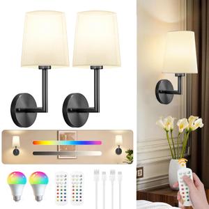 JKEYES Battery Operated Wall Sconces Set of Two, Black Cordless Wall Sconce with 10000mAh RGB Dimmable Detachable Rechargeable Bulbs, 12 Colors Sconces Wall Decor for Bedroom Living Room Hallway