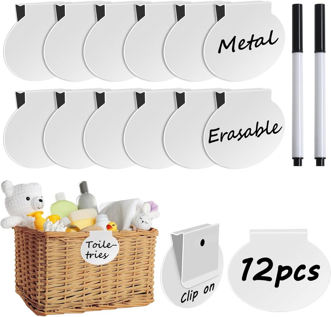 12 Pack Metal Basket Labels Clip On for Storage Bins, Basket Tags White Bin Tags, Removable Pantry Fabric Closet Box Container Holders Hanging Drawer Labels with Chalk Markers