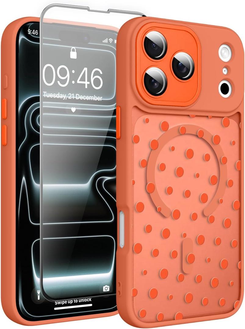 Magnetic for iPhone 17 Pro Max Case with Screen Protector [Compatible with MagSafe] Pretty Polka Dot Pattern Design, Shockproof Slim Cover for Women Girls, Orange