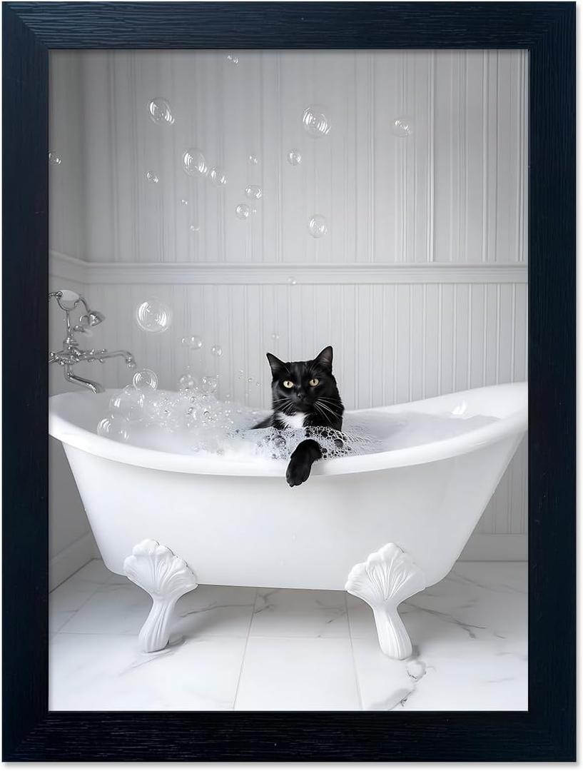 Framed Black Cat Bathroom Decor Funny Animal Bathroom Wall Art Black and White Canvas Print Artwork for Wall (10"L x 8"W, JJ002)