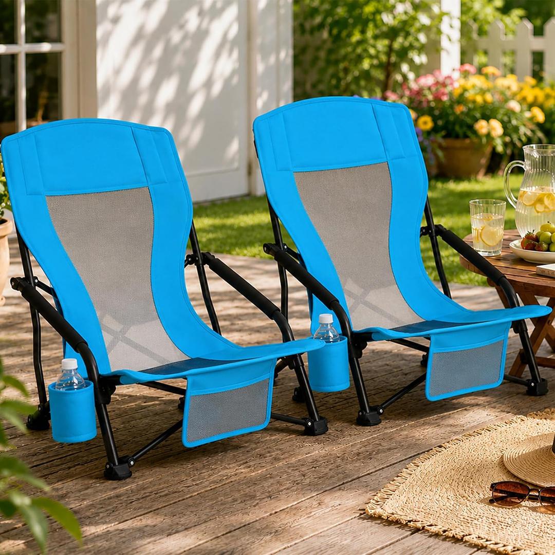 SUNW 2 Pack Blue Low Back Folding Beach Chair, 300lbs Lightweight Portable Camping Chair with Cup Holder