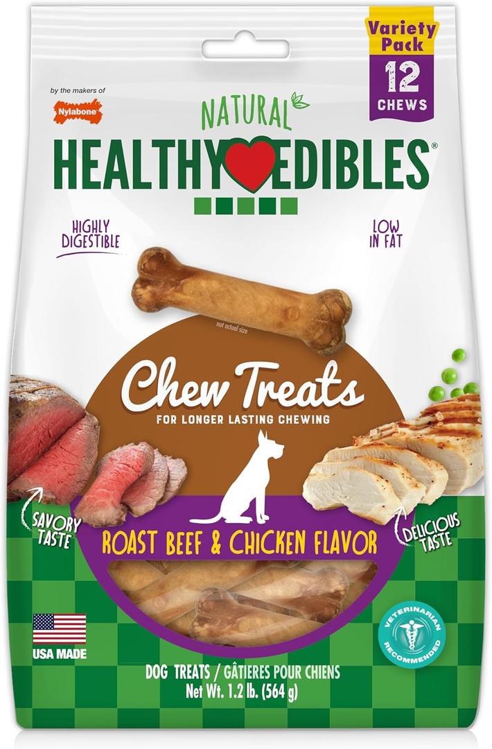 Nylabone Healthy Edibles Natural Dog Chews, Long Lasting Bones for Dogs, Roast Beef & Chicken Flavor Dog Treats, Small (12 Count). Bbd 01/02/2029