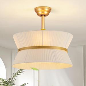 Boho Fandelier Ceiling Fan with Light and Remote Rattan Chandelier Fan Fabric Chandelier Fan Gold Caged Ceiling Fan with Light for Bedroom, Living Room Nursery Foyer Kitchen Timing Adjustable Height (White)