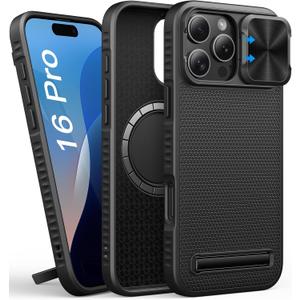 for iPhone 16 Pro Case Built-in Slide Camera Cover, Military-Grade Protection, Slim Compatible with MagSafe, Magnetic with Stand, Men Women Protective Phone Case for iPhone 16 Pro, Black