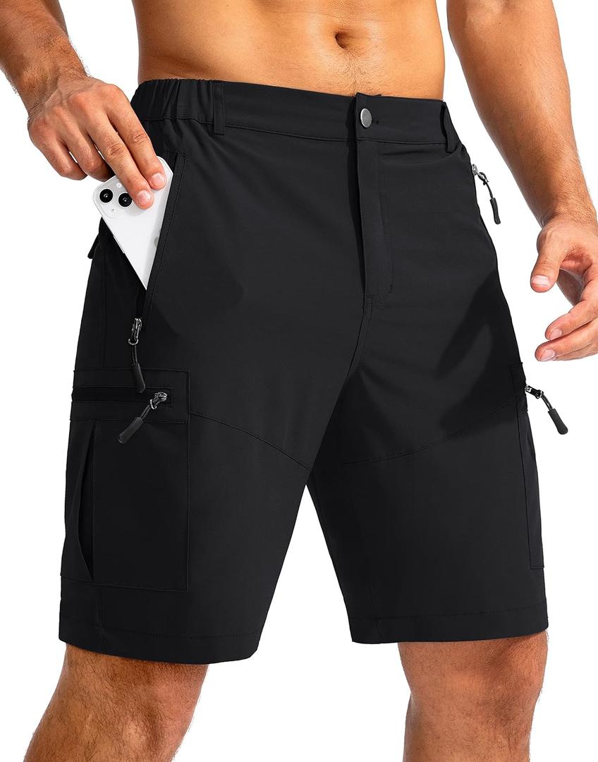 Pudolla Men's Hiking Cargo Shorts 9" Lightweight Outdoor Work Shorts for Men Travel Golf Camping Casual with 5 Zipper Pockets (Large, Black)