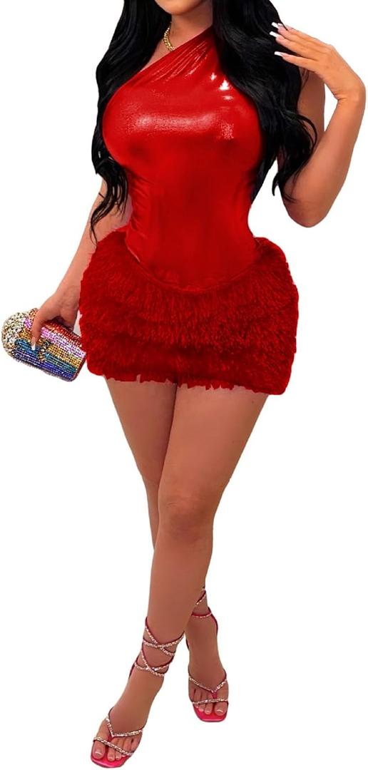 Uni Clau Women Sexy One Shoulder Pu Leather Bodycon Mini Dress Sequin Sleeveless Skinny Slim Fit Party Club Short Dress (Small, Red)