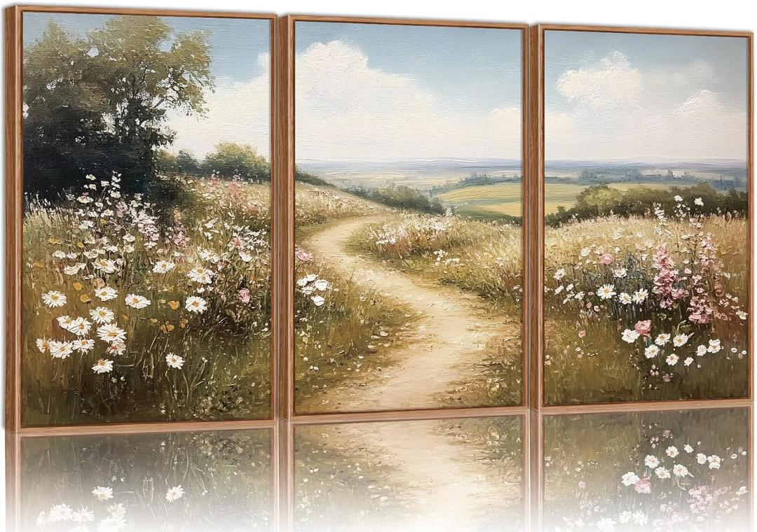 Rantodecor Rustic French Country Framed Canvas Wall Art, Vintage Flower Field Wall Decor, Calming Nature Landscape Art Paintings, Modern Wildflower Artwork for Farmhouse Bedroom Living Room 16"x24"x3
