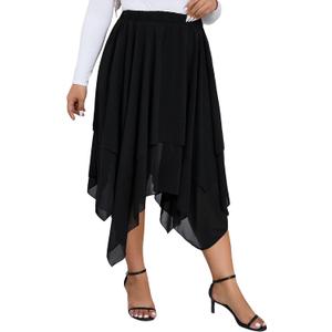 Verdusa Women's Plus Size Elastic High Waist Asymmetrical A Line Chiffon Midi Skirt Black 2XL