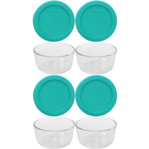 Pyrex 7202 1-Cup Glass Bowls & 7202-PC Turquoise Lids (4-Pack) - Made in USA