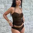 SHENHE Women's Halter Tankini Swimsuit Ruched Drawstring Mesh Bandeau Bathing Suits (Brown, L)