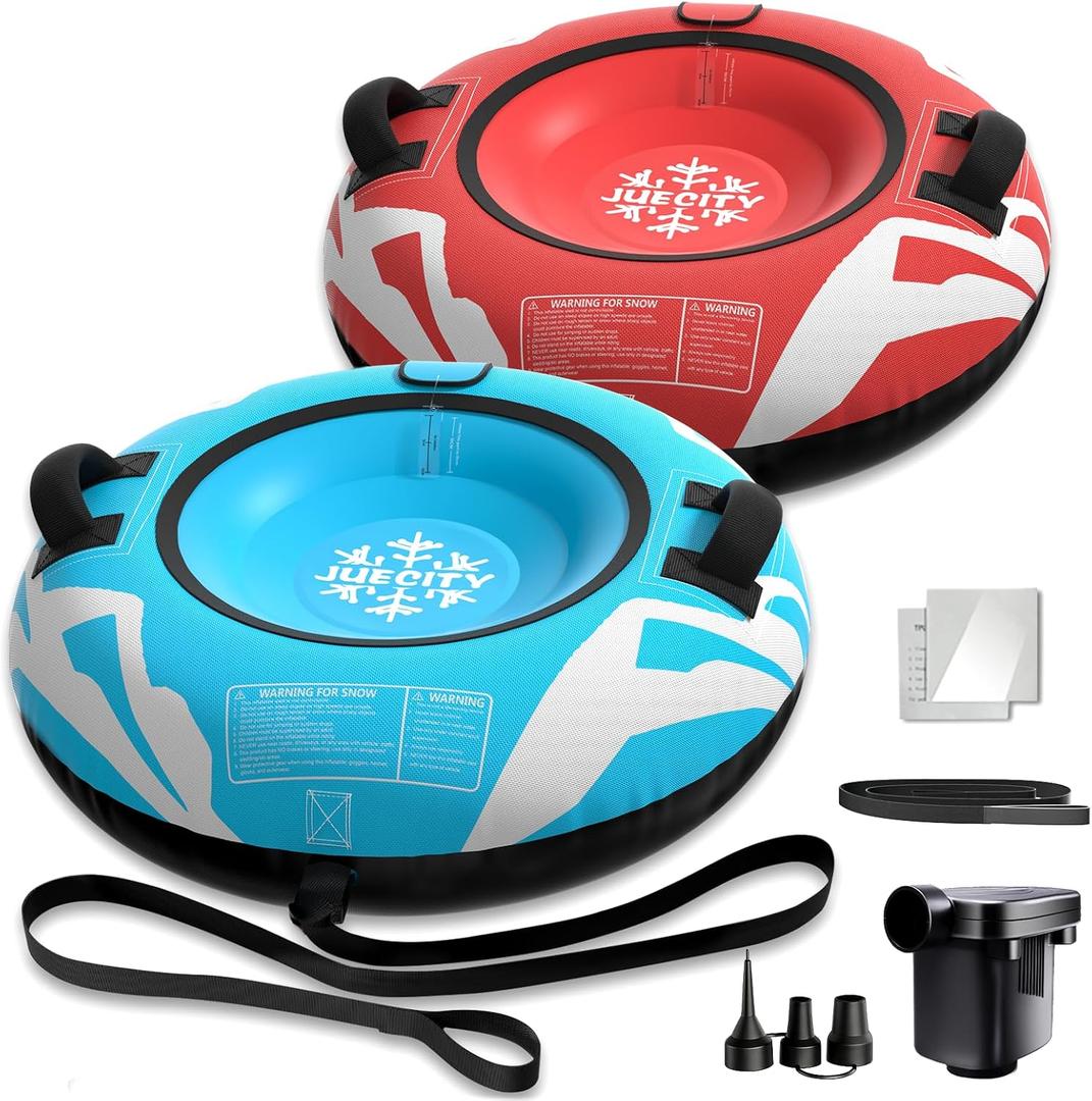 Snow Tube for Sledding Heavy Duty, Inflatable Snow Sled Innertube with Air Pump & Premium Canvas Cover for Kids Adult with Thickened Bottom, Towable Rope (2 Pack)