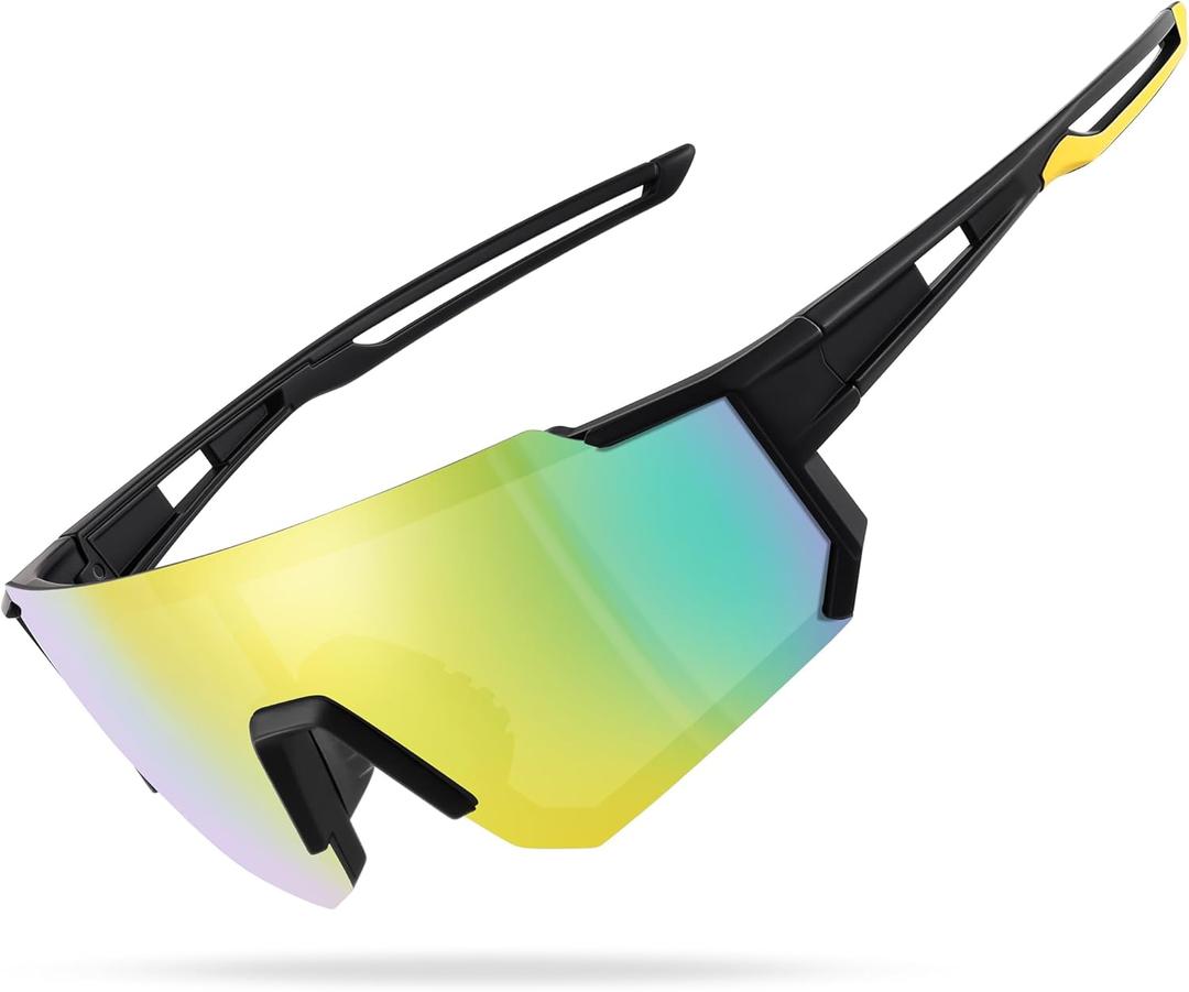 Polarized Sports Sunglasses for Men and Women,Fishing Cycling Mountain Bike Baseball Sunglasses with UV Protection (A5 Matte Black Frame - Gold Mirror)