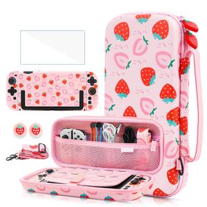 GLDRAM Pink Strawberry Carrying Case for Nintendo Switch 2 (2025), Cute Girly Accessories Bundle with Travel Storage Bag, Hard Shell PC Protective Cover, Screen Protector, Thumb Grips & Shoulder Strap