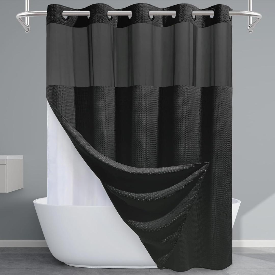 EUTXL Long No Hook Shower Curtain with Snap in Liner,230GSM Waffle Weave Shower Curtains for Bathroom,71W x 80H(78"),Black