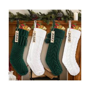 4pcs 18Inches Knitted Christmas Stockings Decoration, Cream White Dark Green Large Cable Xmas Hanging Stocking Personalized Knit Stocking's with Name Tags for Family Home Farmhouse Decor