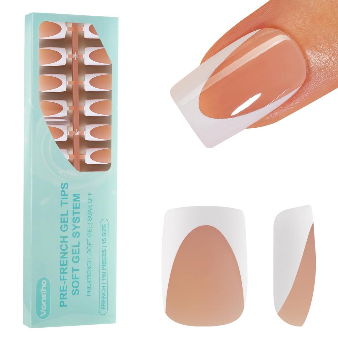 150Pcs Deep French Gel Nail Tips Brown, Vansiho French Tip Press on Nails, Short Square Nail Tips, Soft Gel Nails False Nail, Acrylic Fake Nails for Nail Art DIY 15 Sizes