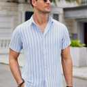 Damipow Mens Linen Shirts Short Sleeve Cotton Striped Button Down Shirt (Blue, L)